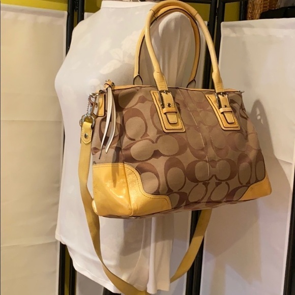 Coach F13812 Hampton Khaki Yellow Patent Purse - Picture 1 of 10